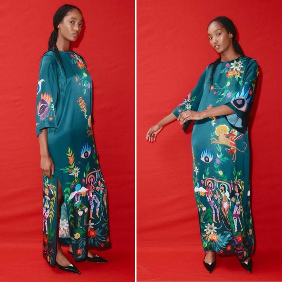 Alemais Agatha Printed Graphic Maxi Midi Slit Belted Dark Green Dress size US 6 - Picture 3 of 15